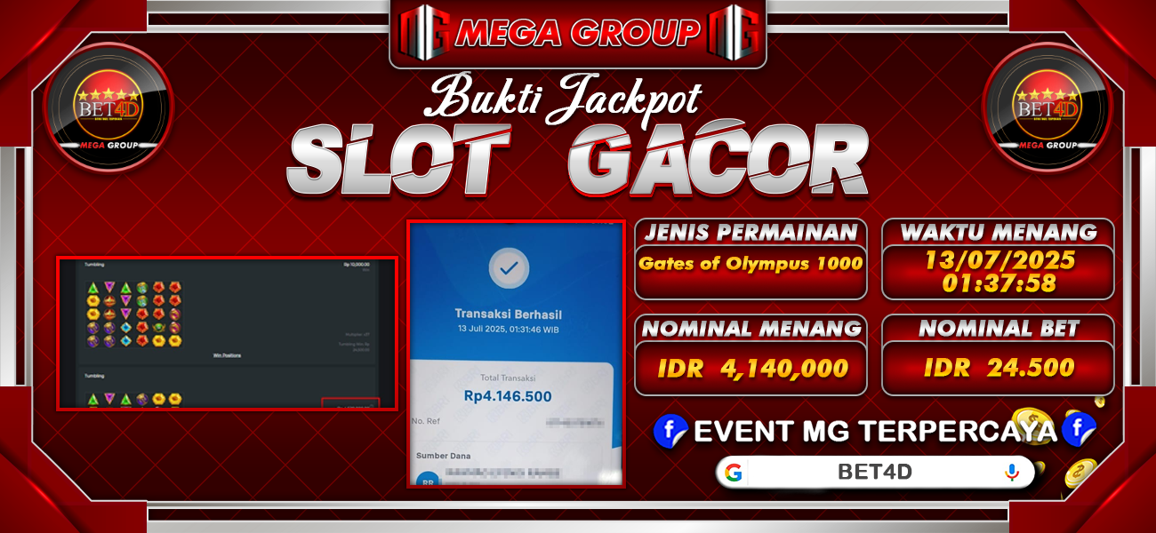 Bukti JP situs Bet4D hari Minggu, 13 Juli 2025