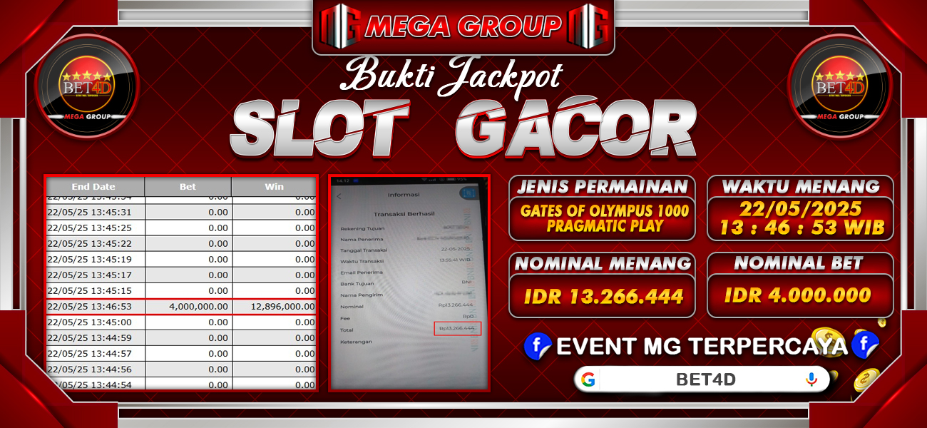 Bukti JP situs Bet4D hari Kamis, 22 Mei 2025