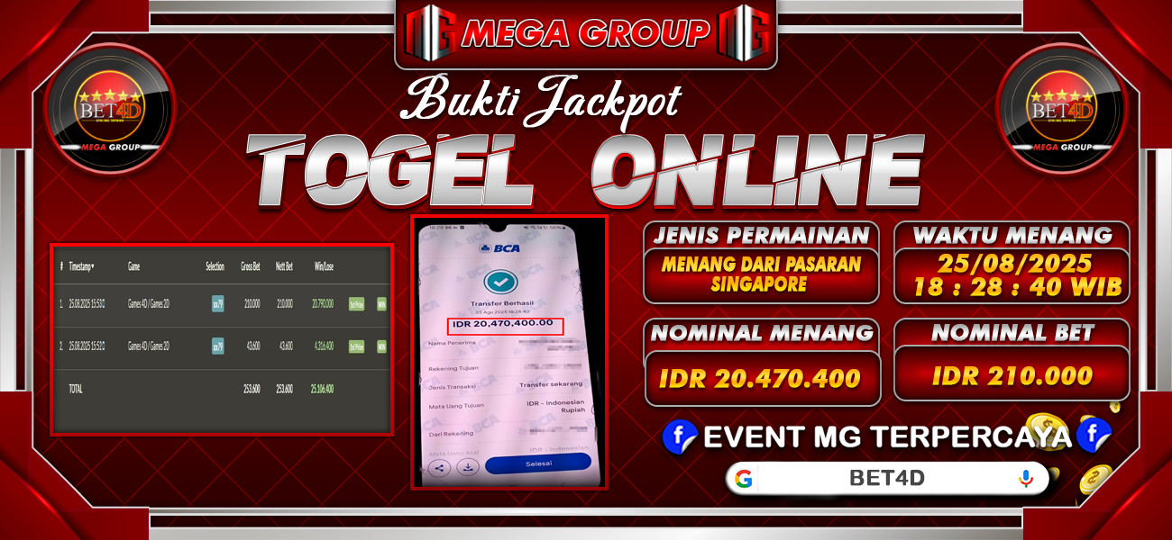 Bukti JP situs Bet4D hari Rabu, 27 Agustus 2025